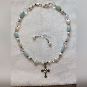 Stering Silver Beveled rectangular Amanzonite&  Pearl Beads Necklace